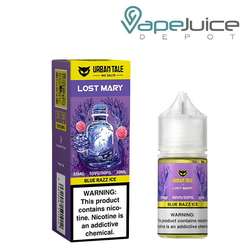 A Box of Razz Ice Urban Tale x Lost Mary Salt 35mg with a warning sign and a 30ml bottle next to it - Vape Juice Depot