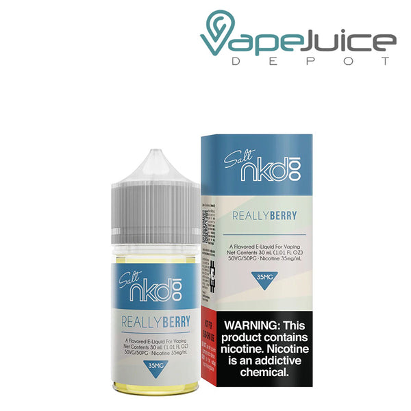 A 30ml bottle of Really Berry Naked 100 Salt eLiquid and a box with a warning sign next to it - Vape Juice Depot