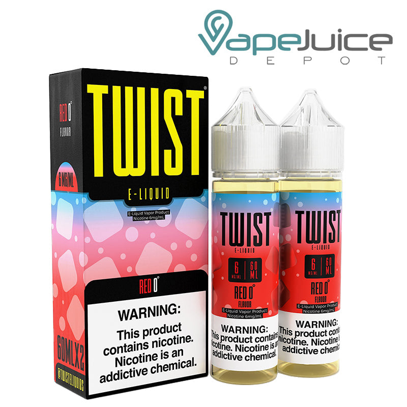 A box of Red 0° Twist E-Liquid with a warning sign and two 60ml bottles next to it - Vape Juice Depot