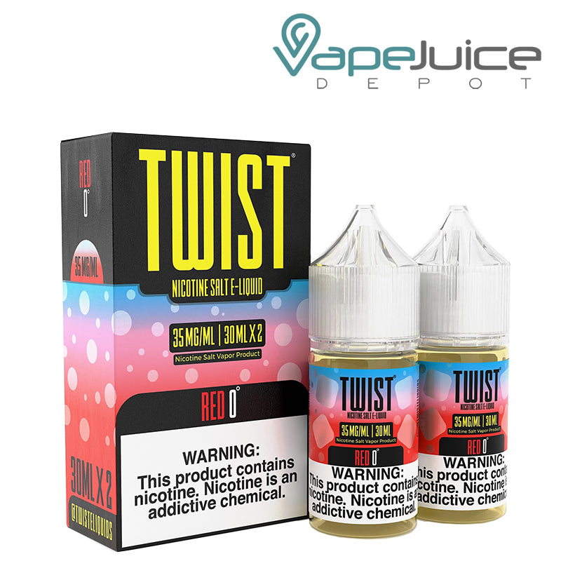 A box of Red 0° Twist Salt 35mg E-Liquid and two 30ml bottles with a warning sign next to it - Vape Juice Depot