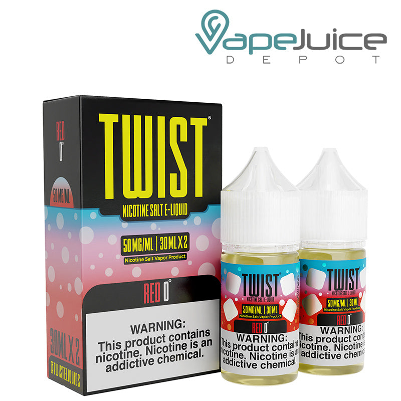 A box of Red 0° Twist Salt 50mg E-Liquid and two 30ml bottles with a warning sign next to it - Vape Juice Depot