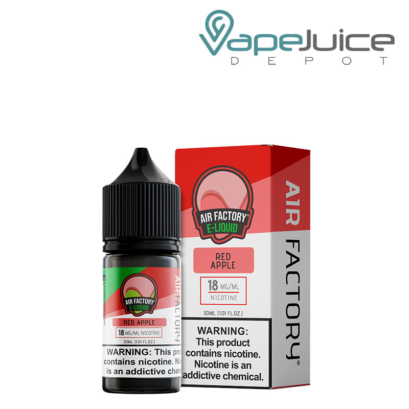 A 30ml bottle of Red Apple Air Factory eLiquid and a box with a warning sign next to it - Vape Juice Depot