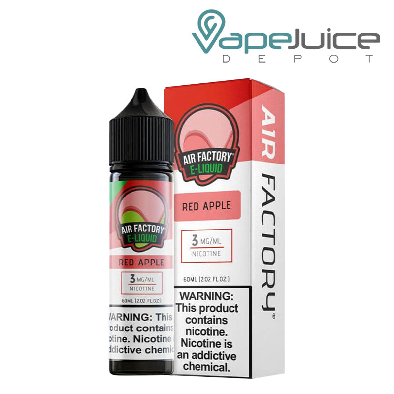A 60ml bottle of Red Apple Air Factory eLiquid and a box with a warning sign next to it - Vape Juice Depot