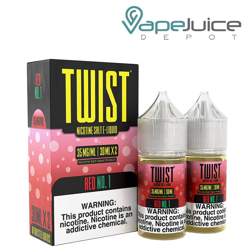 A box of Red No. 1 Twist Salt 35mg E-Liquid with a warning sign and two 30ml bottles next to it - Vape Juice Depot