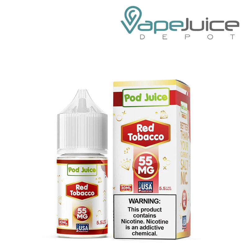 A box of Red Tobacco Pod Juice salt with a warning sign and a 30ml bottle next to it - Vape Juice Depot
