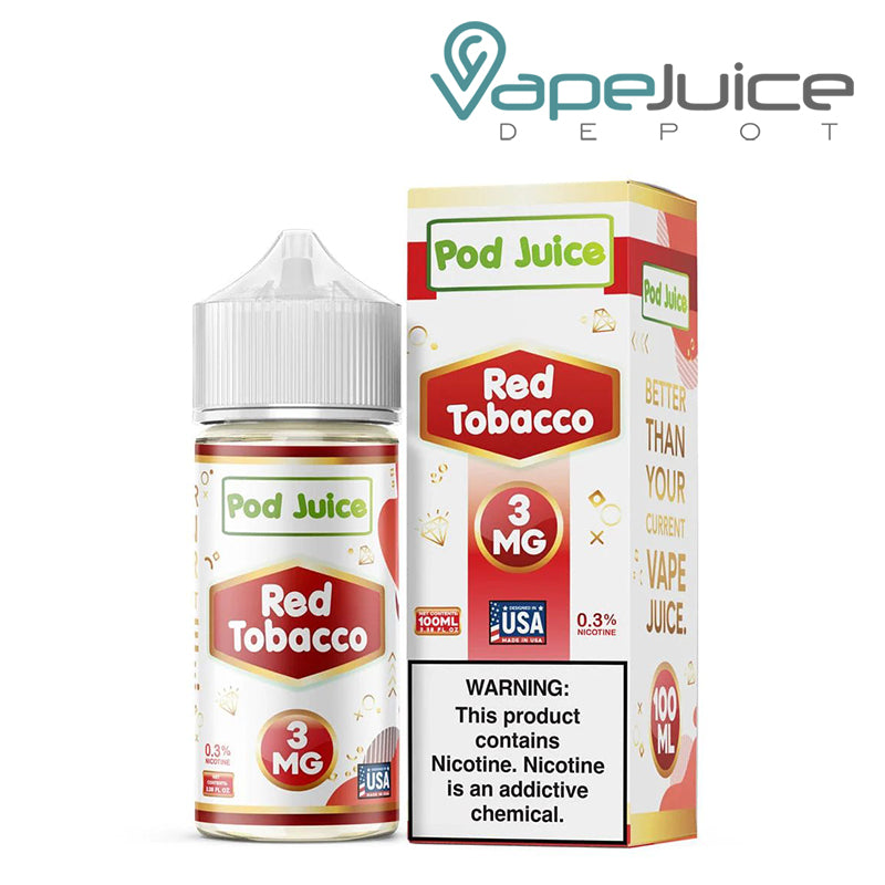 A 100ml bottle of Red Tobacco Pod Juice eLiquid and a box with a warning sign next to it - Vape Juice Depot