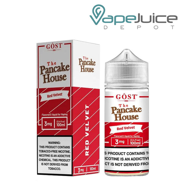 A Box of Red Velvet The Pancake House TFN with a warning sign and a 100ml bottle next to it - Vape Juice Depot