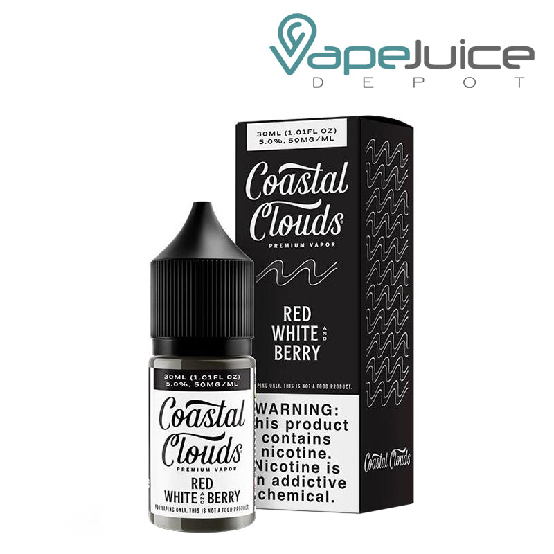 A 30ml bottle of Red White and Berry Coastal Salts and a box with a warning sign next to it - Vape Juice Depot