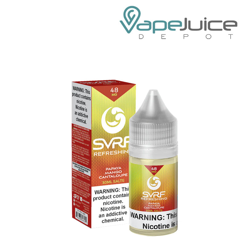 A box of Refreshing SVRF Salt eLiquid with a warning sign and a 30ml bottle next to it - Vape Juice Depot