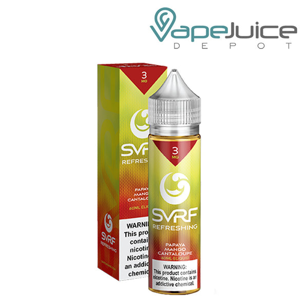 A box of Refreshing SVRF eLiquid with a warning sign and a 60ml bottle next to it - Vape Juice Depot