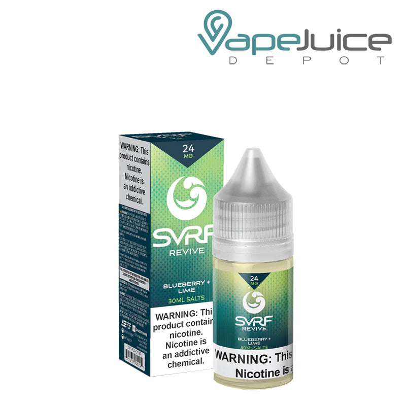 A box of Revive SVRF Salt eLiquid with a warning sign and a 30ml bottle next to it - Vape Juice Depot