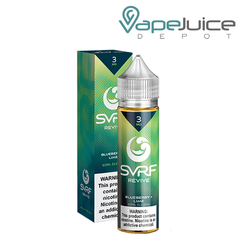 A box of Revive SVRF eLiquid with a warning sign and a 60ml bottle next to it - Vape Juice Depot