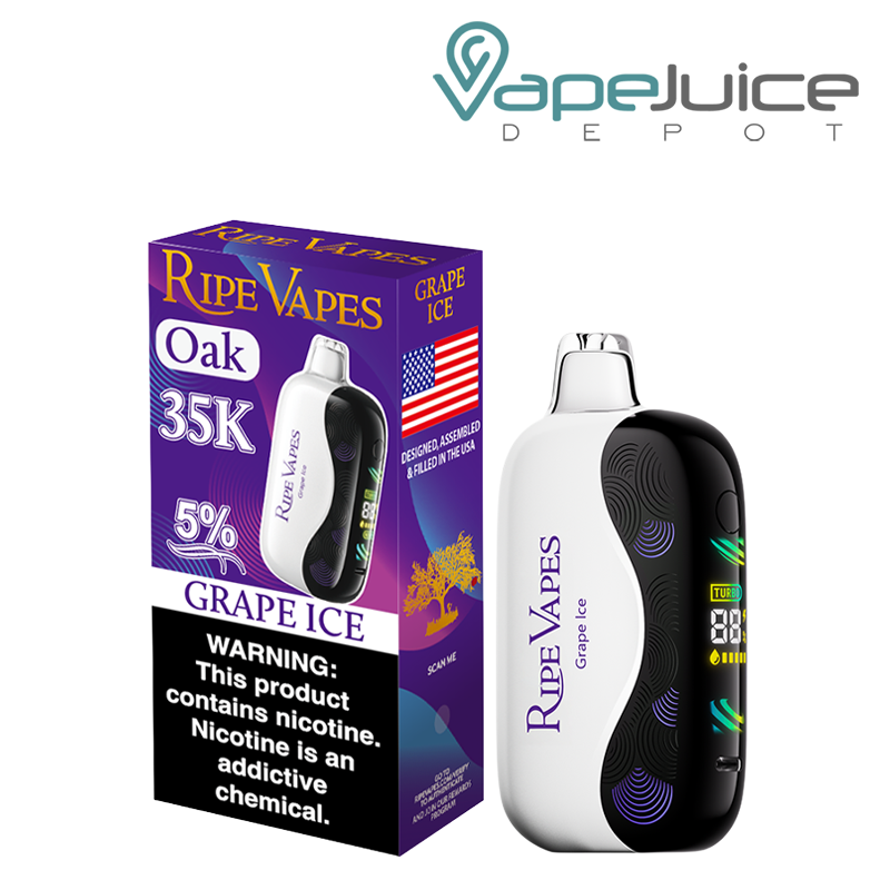 A Box of VCT Grape Ice Vapes Oak 35K Disposable with a warning sign and a device with a 3D Screen next to it - Vape Juice Depot