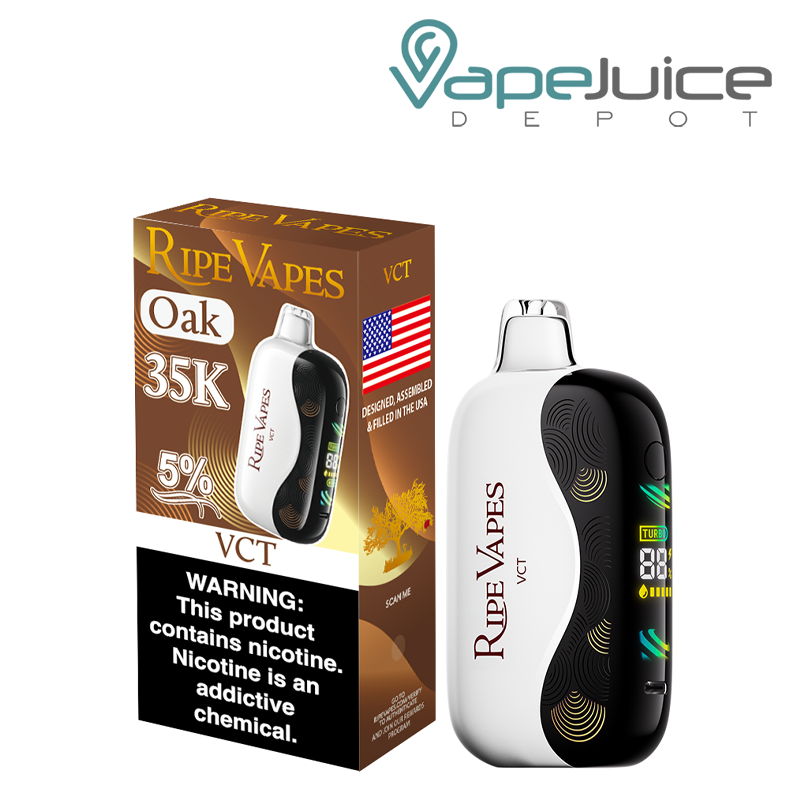 A Box of VCT Ripe Vapes Oak 35K Disposable with a warning sign and a device with a 3D Screen next to it - Vape Juice Depot