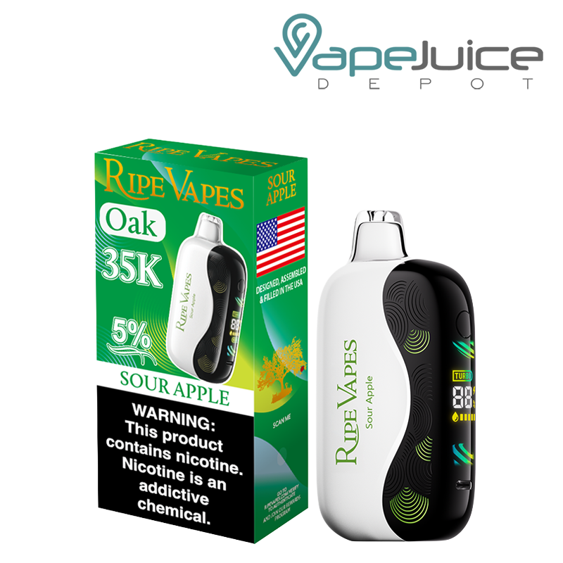 A Box of Sour Apple Ripe Vapes Oak 35K Disposable with a warning sign and a device with a 3D Screen next to it - Vape Juice Depot