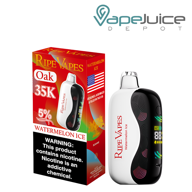 A Box of Watermelon Ice Ripe Vapes Oak 35K Disposable with a warning sign and a device with a 3D Screen next to it - Vape Juice Depot