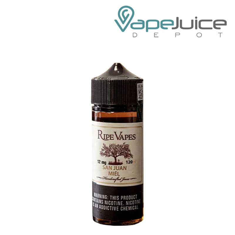 A 120ml bottle of San Juan Miel Ripe Vapes eLiquid with a warning sign - Vape Juice Depot