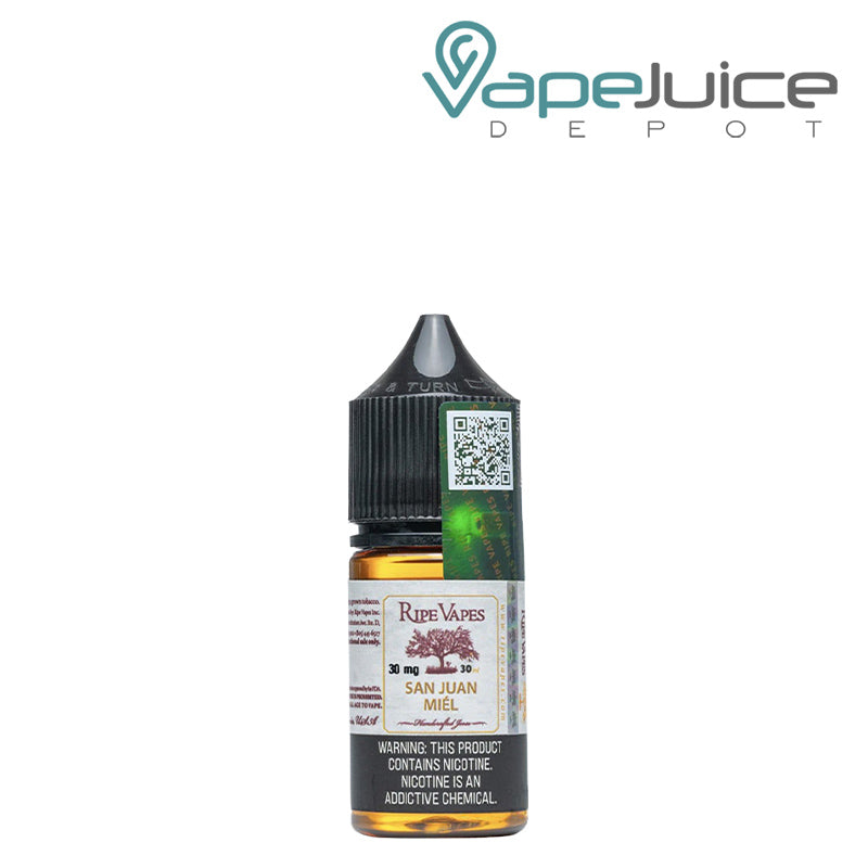 A 30ml bottle of San Juan Miel Saltz Ripe Vapes with a warning sign - Vape Juice Depot