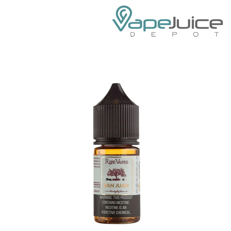 A 30ml bottle of San Juan Saltz Ripe Vapes with a warning sign - Vape Juice Depot