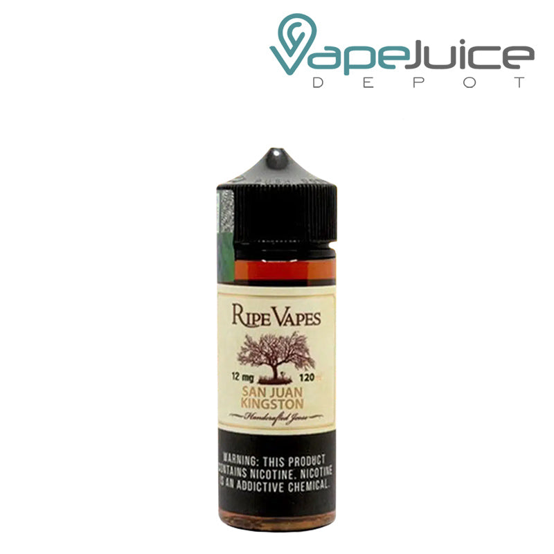 A 120ml bottle of San Juan Kingston Ripe Vapes eLiquid with a warning sign - Vape Juice Depot