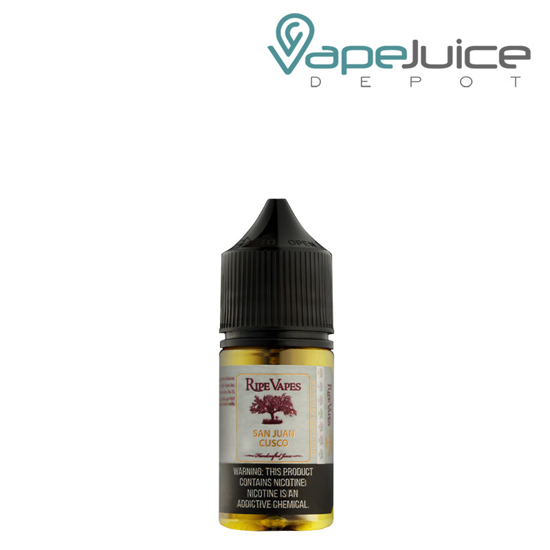 A 30ml bottle of San Juan Cusco Saltz Ripe Vapes with a warning sign - Vape Juice Depot