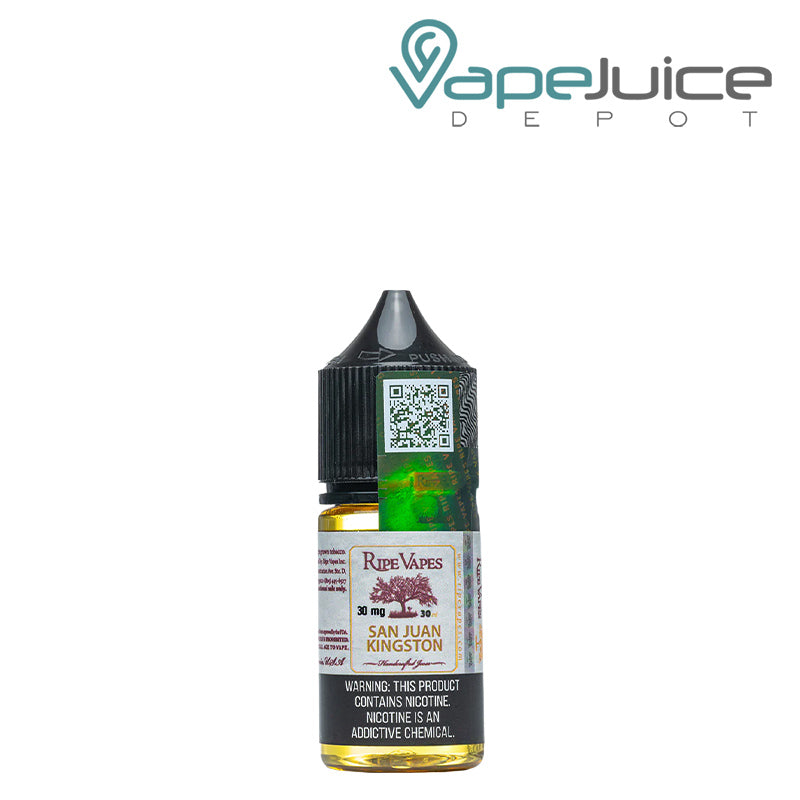 A 30ml bottle of San Juan Kingston Saltz Ripe Vapes with a warning sign - Vape Juice Depot