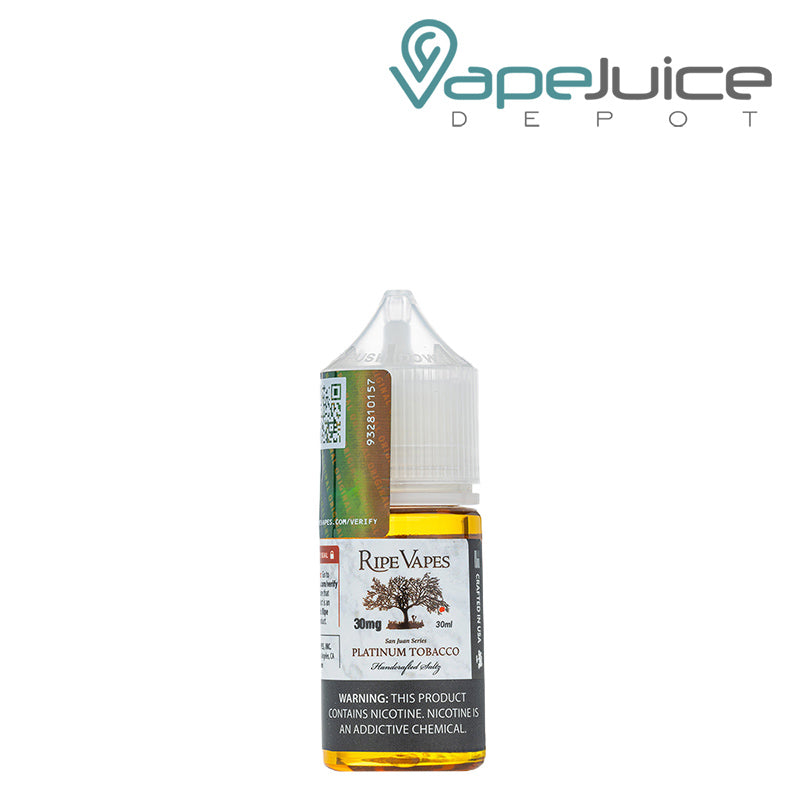 A 30ml bottle of San Juan Platinum Tobacco Saltz Ripe Vapes with a warning sign - Vape Juice Depot