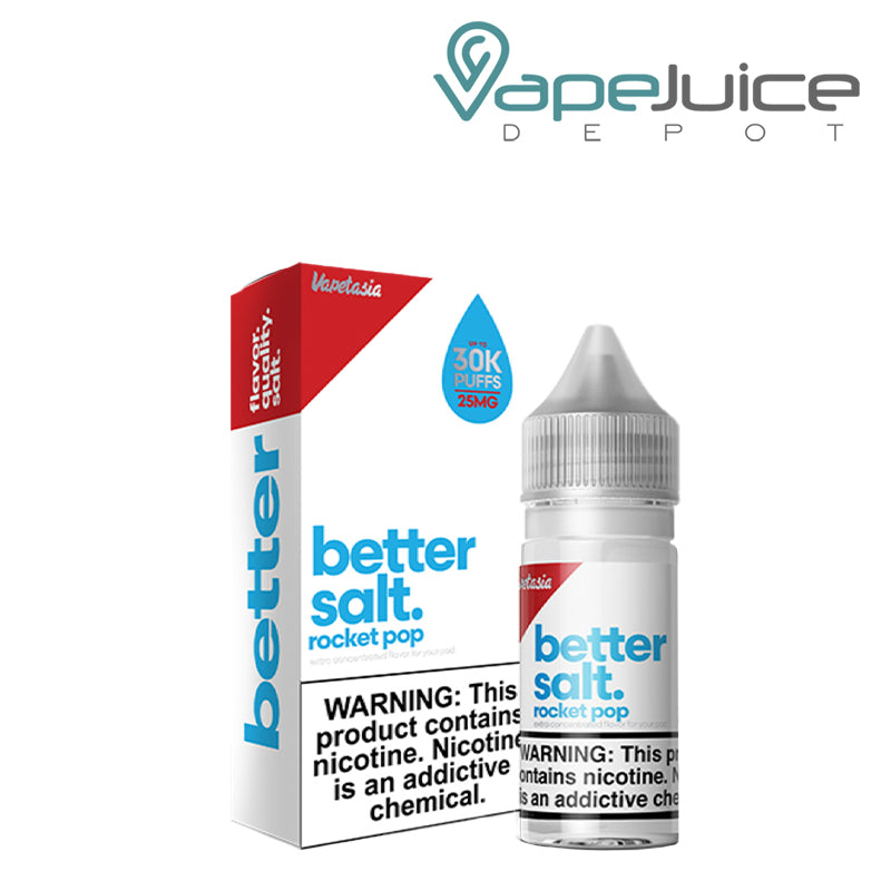 A box of Rocket Pop Vapetasia Better Salt and a 30ml bottle with a warning sign next to it - Vape Juice Depot