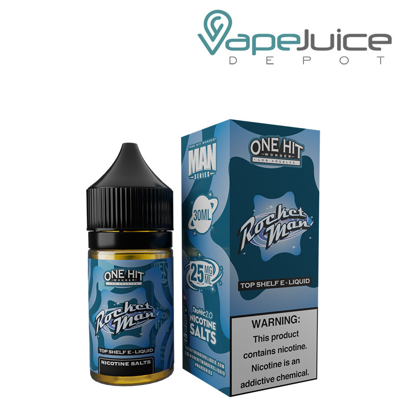 A 30ml bottle of Rocket Man Nicotine Salt eLiquids One Hit Wonder and a box with a warning sign next to it - Vape Juice Depot