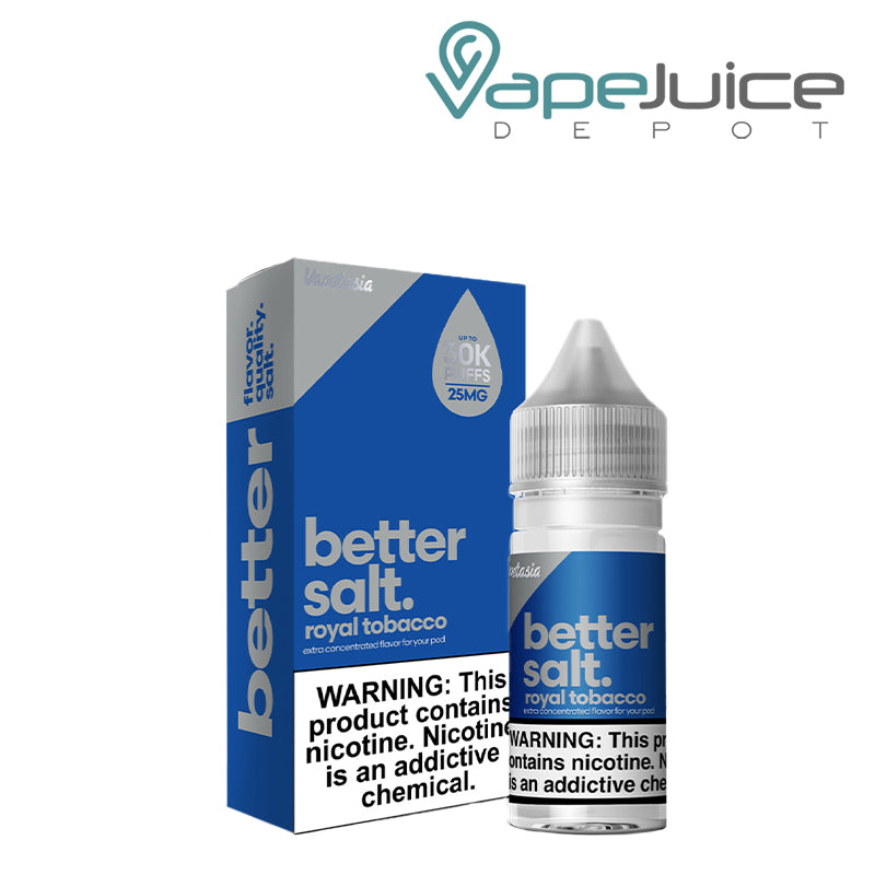 A box of Royal Tobacco Vapetasia Better Salt and a 30ml bottle with a warning sign next to it - Vape Juice Depot