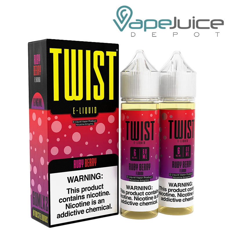 A box of Purple Berry Twist e-liquid with a warning sign and two 60ml bottles next to it - Vape Juice Depot