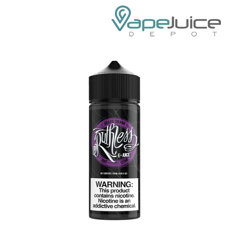 A 120ml bottle of Grape Drunk Ruthless Vapor eLiquid with a warning sign - Vape Juice Depot