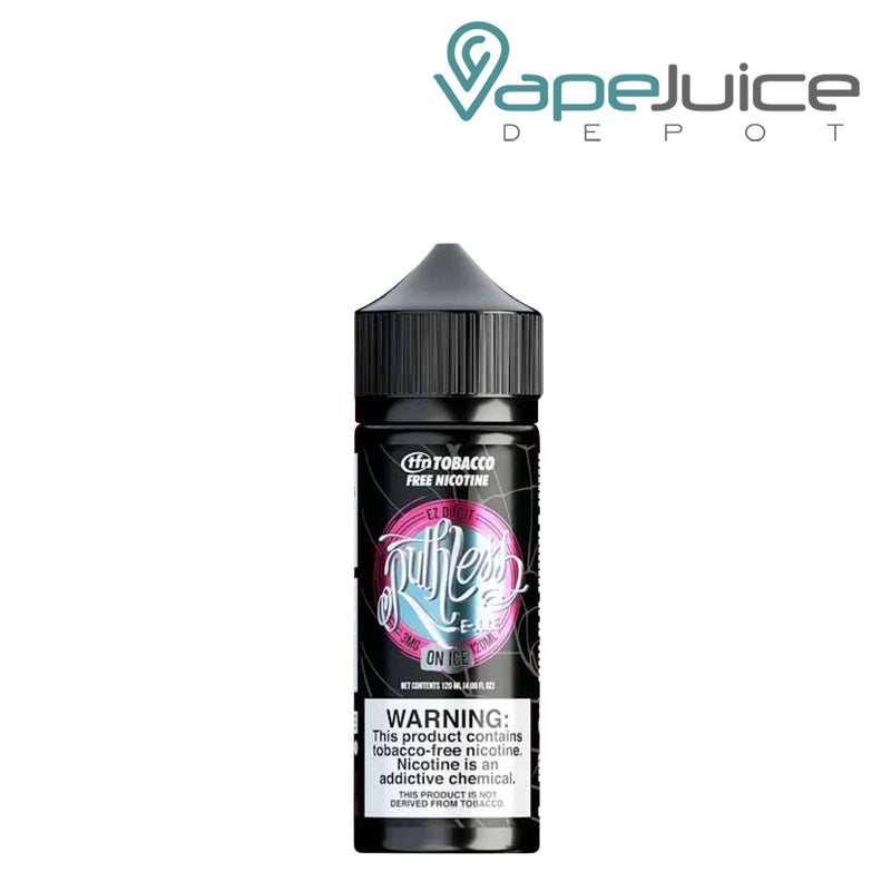 A 120ml bottle of EZ Duz It On Ice Ruthless Vapor with a warning sign - Vape Juice Depot