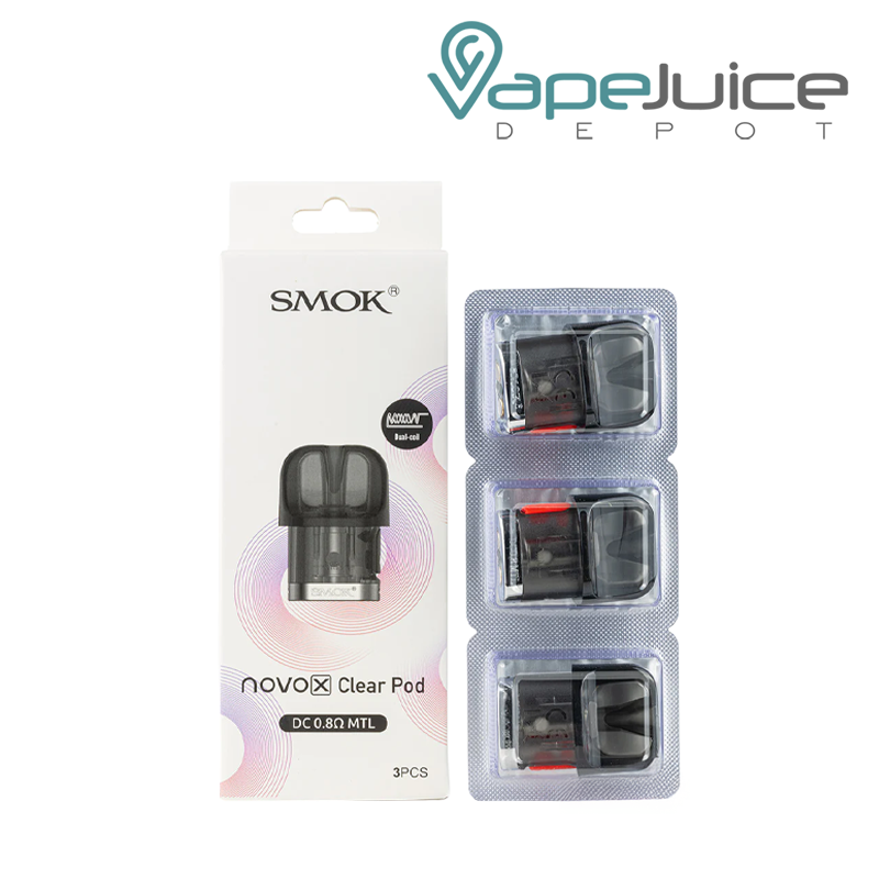 A box of clear DC 0.8 ohm SMOK Novo X Pods and a pack of three pods next to it - Vape Juice Depot