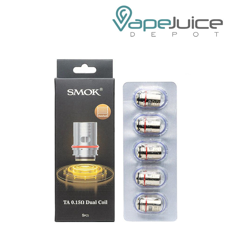 A Box of SMOK TA Replacement Coils 0.15ohm and a pack of coils next to it - Vape Juice Depot
