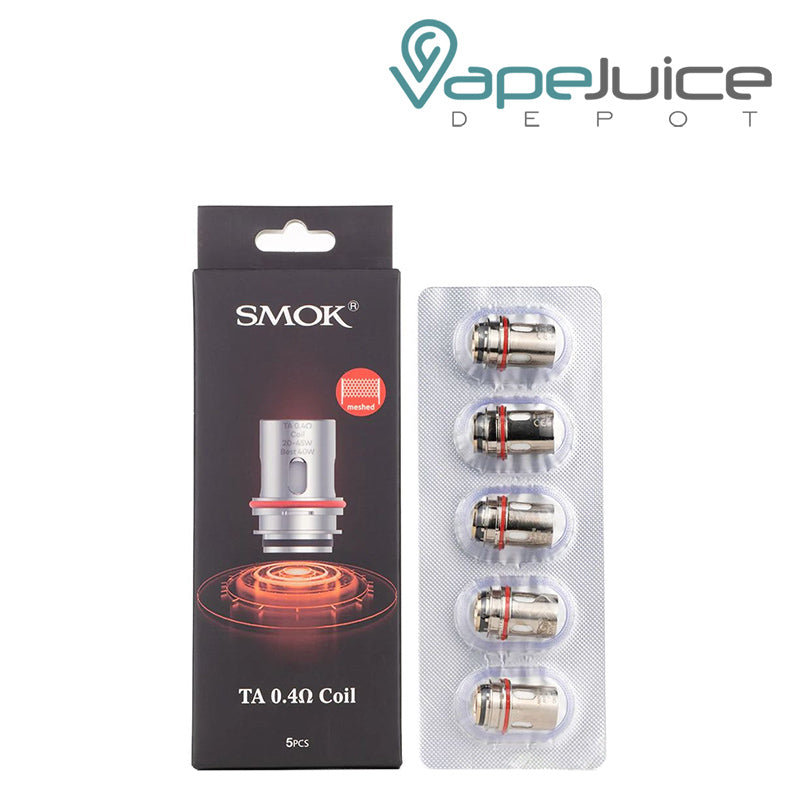 A Box of SMOK TA Replacement Coils 0.4ohm and a pack of coils next to it - Vape Juice Depot