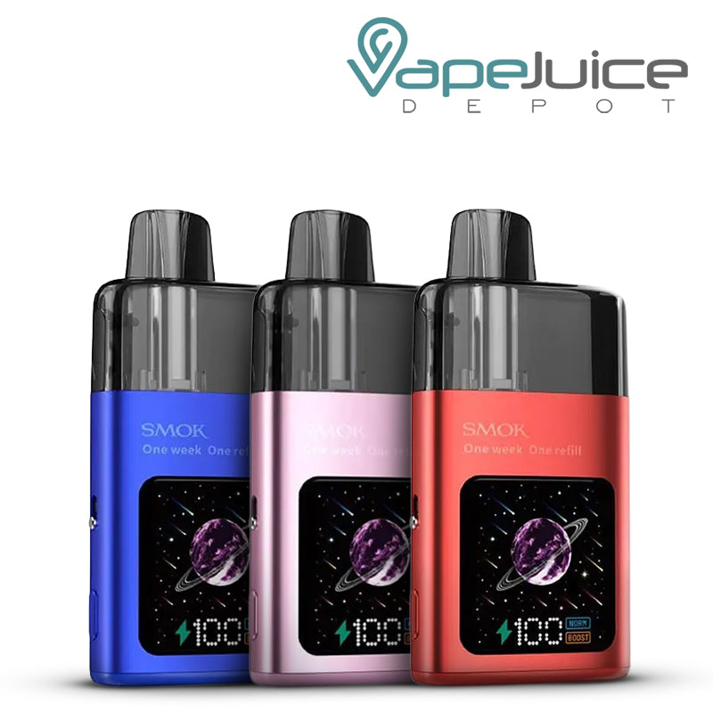 Three SMOK TFOS pod kit devices in Blue, Pink, and Red with a digital display - Vape Juice Depot