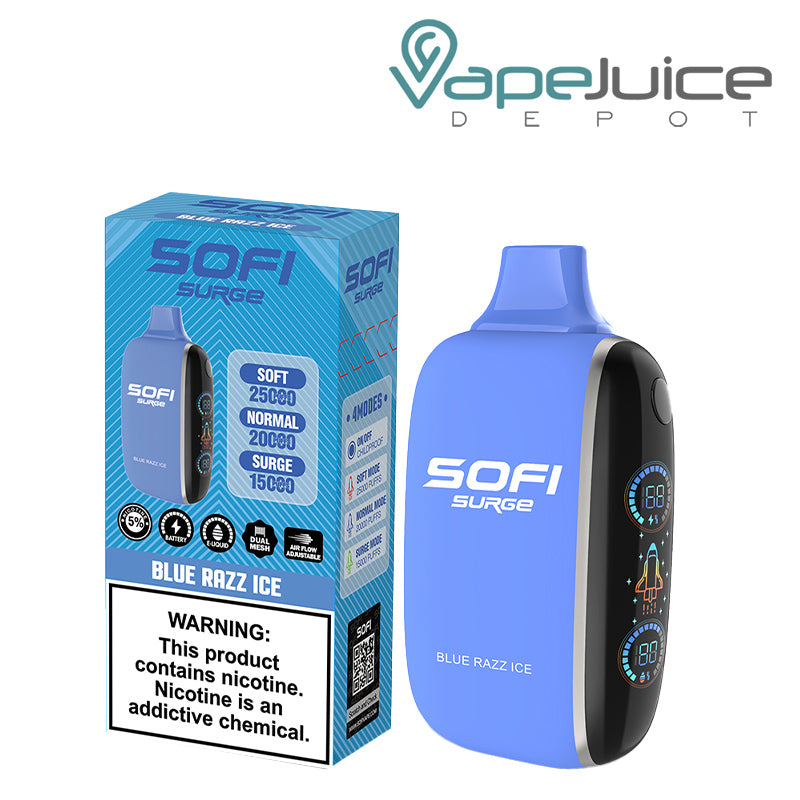 A Box of Blue Razz Ice SOFI Surge 25000 Disposable with a warning sign and a Disposable with Battery Indicator and Firing Button - Vape Juice Depot