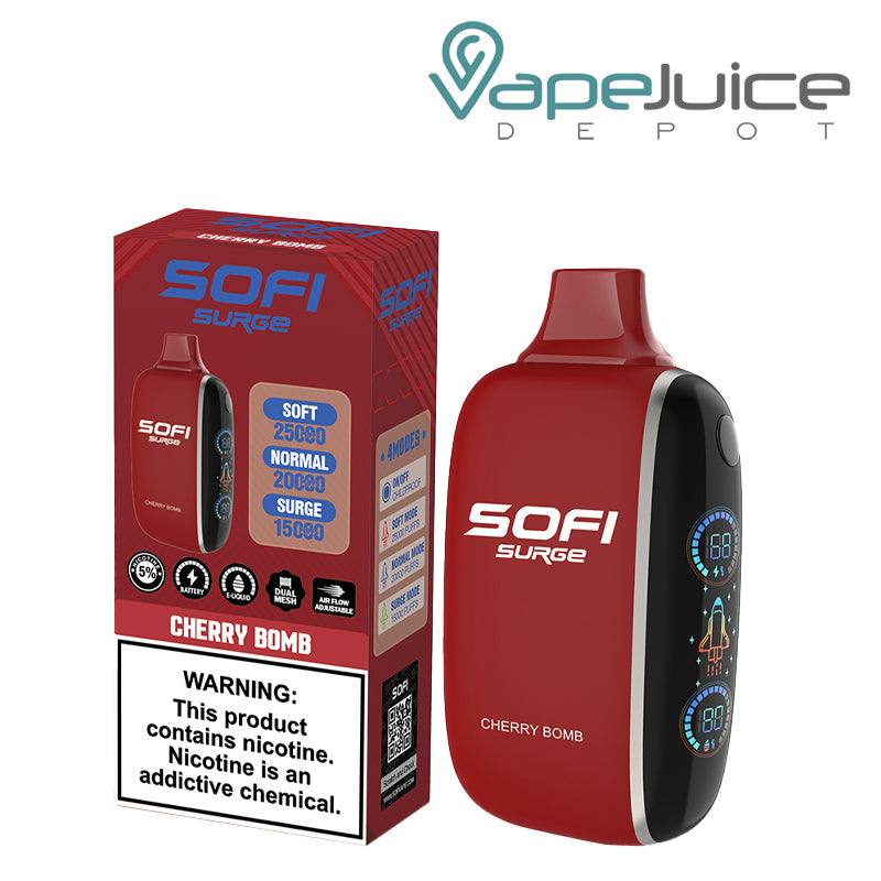A Box of Cherry Bomb SOFI Surge 25000 Disposable with a warning sign and a Disposable with Battery Indicator and Firing Button - Vape Juice Depot