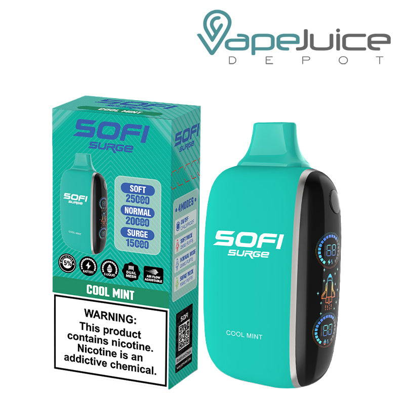 A Box of Cool Mint SOFI Surge 25000 Disposable with a warning sign and a Disposable with Battery Indicator and Firing Button - Vape Juice Depot
