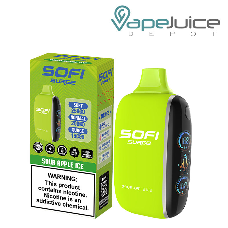 A Box of Sour Apple Ice SOFI Surge 25000 Disposable with a warning sign and a Disposable with Battery Indicator and Firing Button - Vape Juice Depot