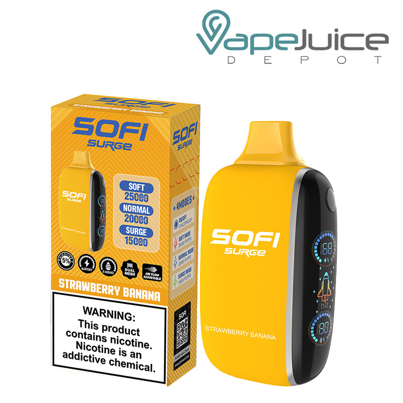 A Box of Strawberry Banana SOFI Surge 25000 Disposable with a warning sign and a Disposable with Battery Indicator and Firing Button - Vape Juice Depot