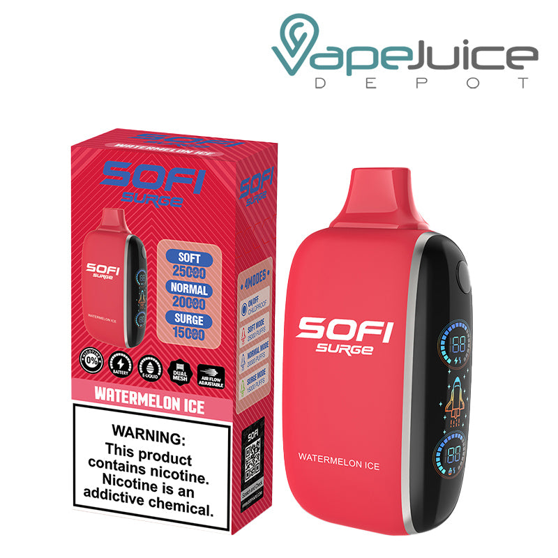 A Box of Watermelon Ice SOFI Surge 25000 Disposable with a warning sign and a Disposable with Battery Indicator and Firing Button - Vape Juice Depot