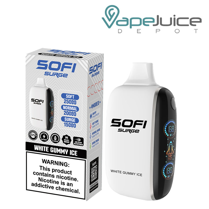 A Box of White Gummy Ice SOFI Surge 25000 Disposable with a warning sign and a Disposable with Battery Indicator and Firing Button - Vape Juice Depot