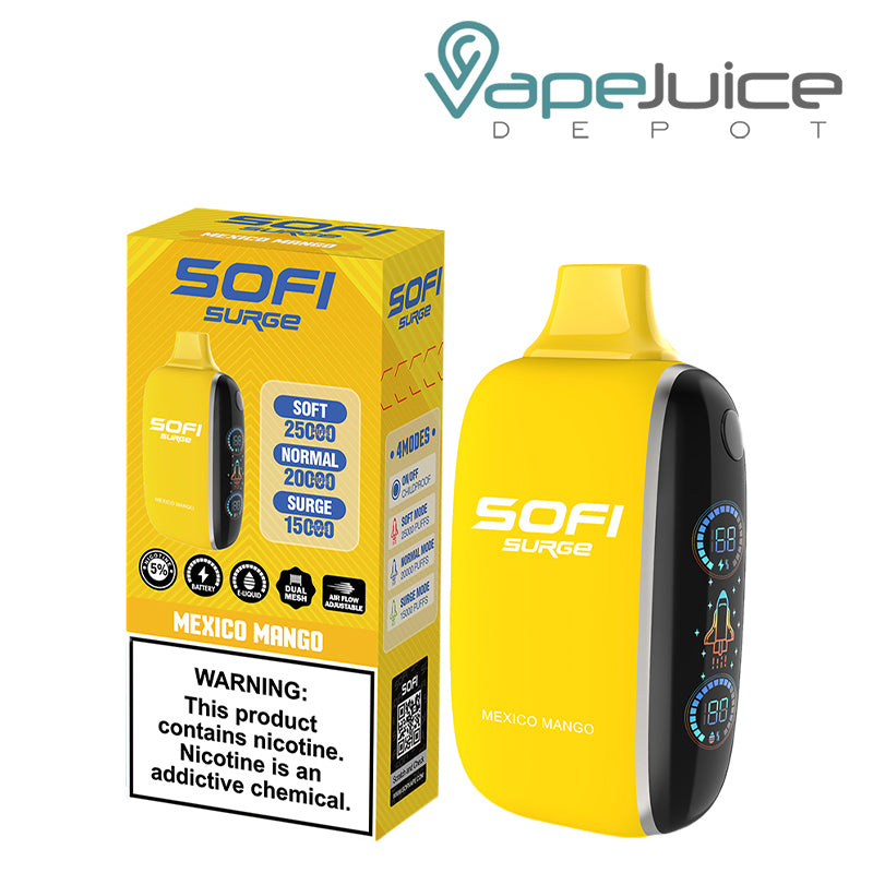 A Box of Mexico Mango SOFI Surge 25000 Disposable with a warning sign and a Disposable with Battery Indicator and Firing Button - Vape Juice Depot