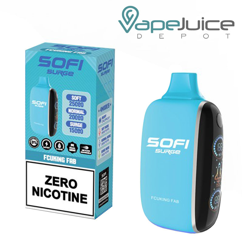 A Box of Fcuking Fab SOFI Surge 25000 Zero Nicotine Disposable and a Disposable with Indicator Battery and Firing Button - Vape Juice Depot