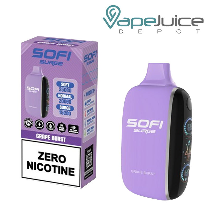 A Box of Grape Burst SOFI Surge 25000 Zero Nicotine Disposable and a Disposable with Indicator Battery and Firing Button - Vape Juice Depot