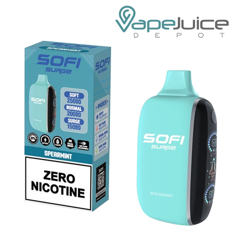 A Box of Spearmint SOFI Surge 25000 Zero Nicotine Disposable and a Disposable with Indicator Battery and Firing Button - Vape Juice Depot