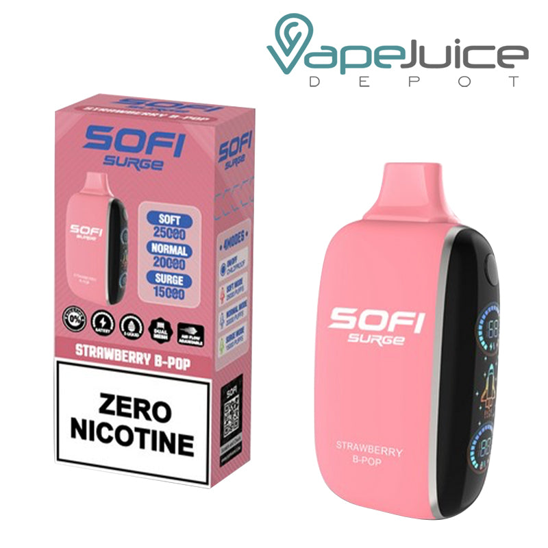 A Box of Strawberry B Pop SOFI Surge 25000 Zero Nicotine Disposable and a Disposable with Indicator Battery and Firing Button - Vape Juice Depot