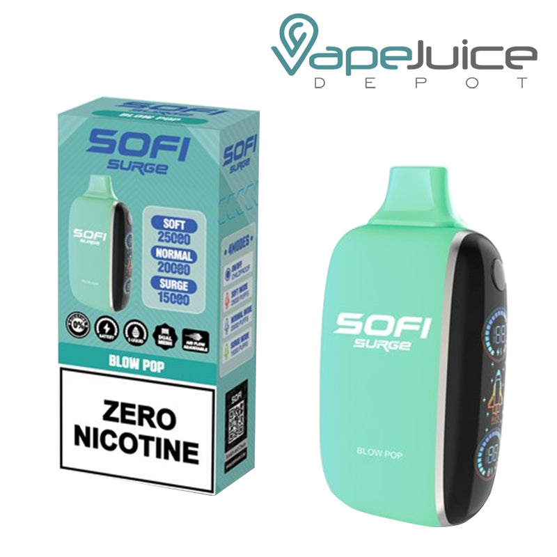 A Box of Strawberry Blow Pop SOFI Surge 25000 Zero Nicotine Disposable and a Disposable with Indicator Battery and Firing Button - Vape Juice Depot